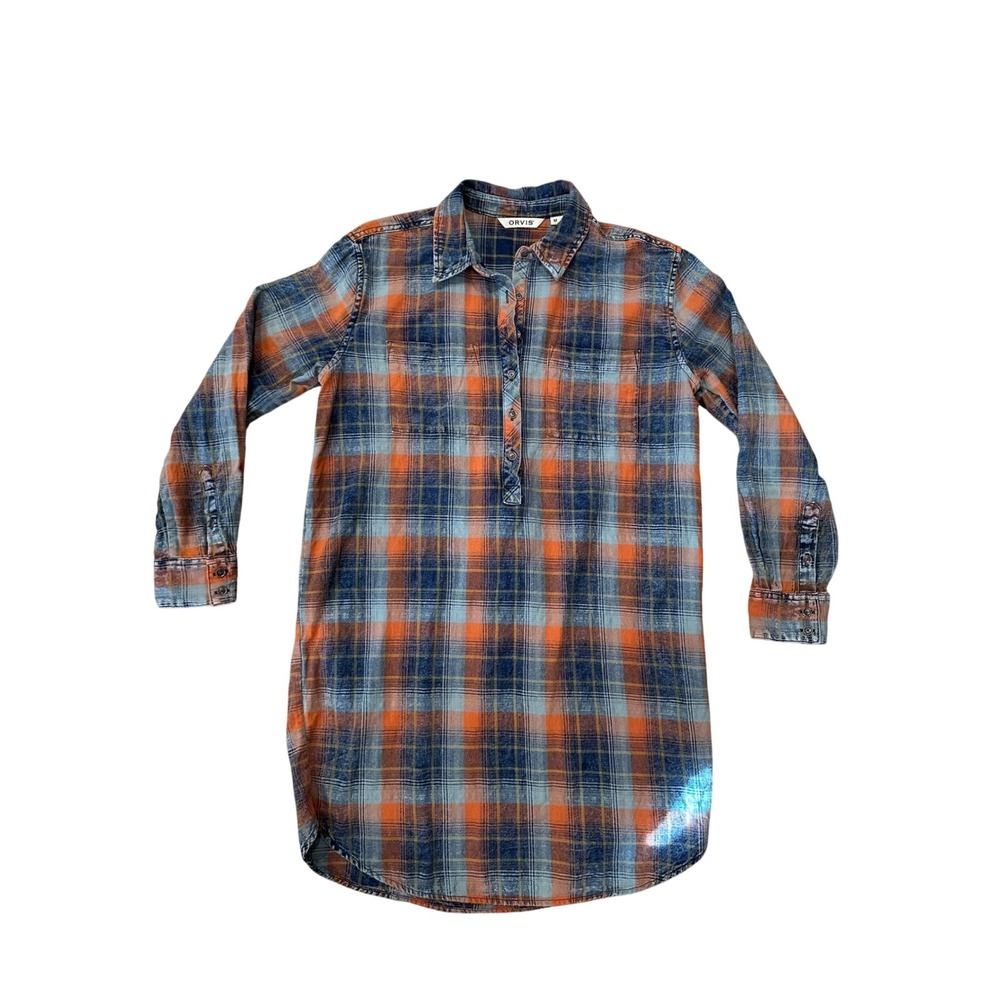 Orvis Women Plaid Flannel Shirt Dress Tunic Orange Blue Cotton Size M